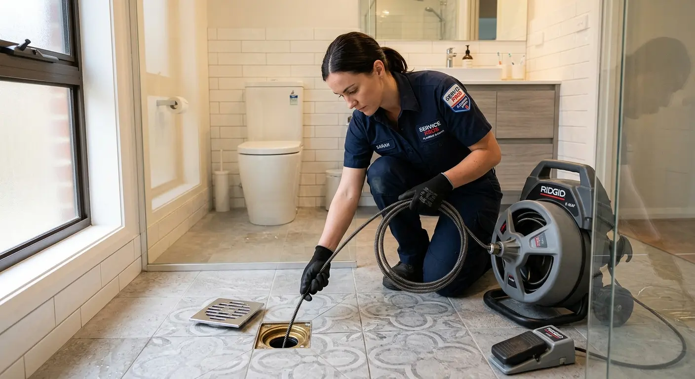 Technician clearing a bathroom floor drain for Drain Cleaning in Streamwood